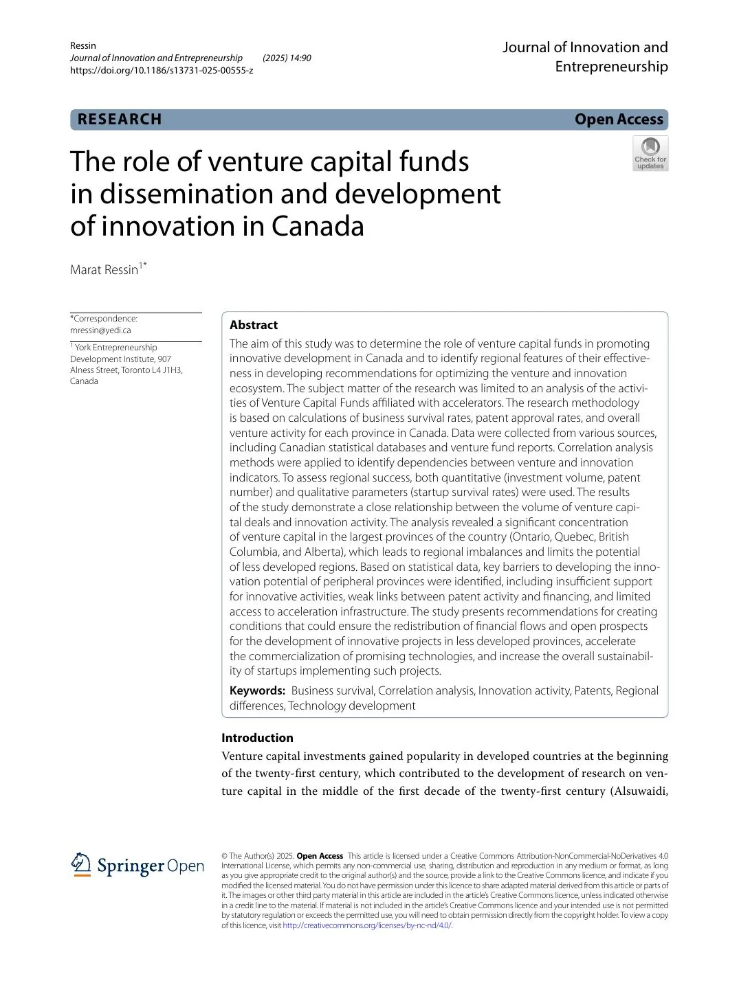 Cover of the paper in the Journal of Innovation and Entrepreneurship